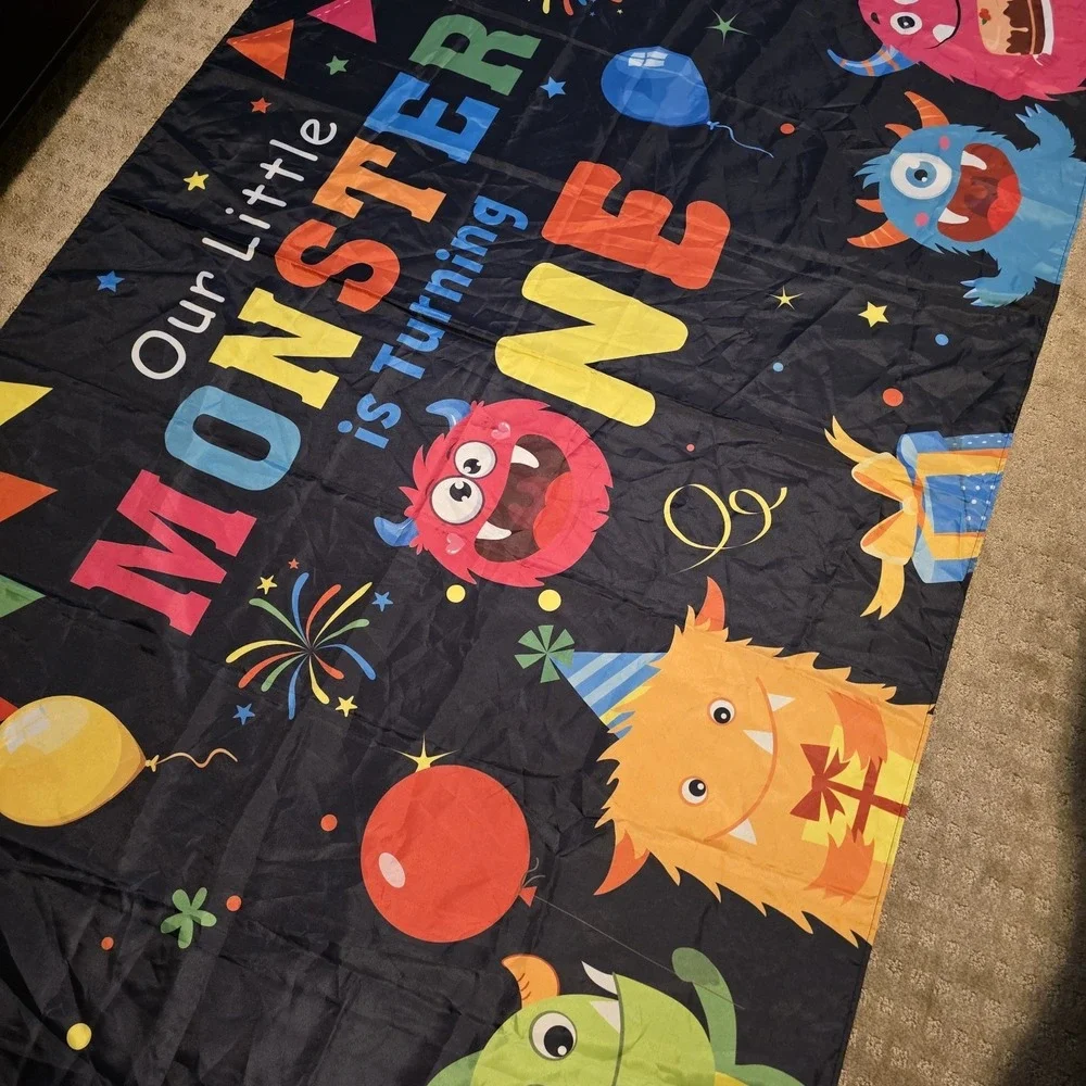 Our Little Monster Is TurningOne Baby/Toddler BirthdayBanner 70